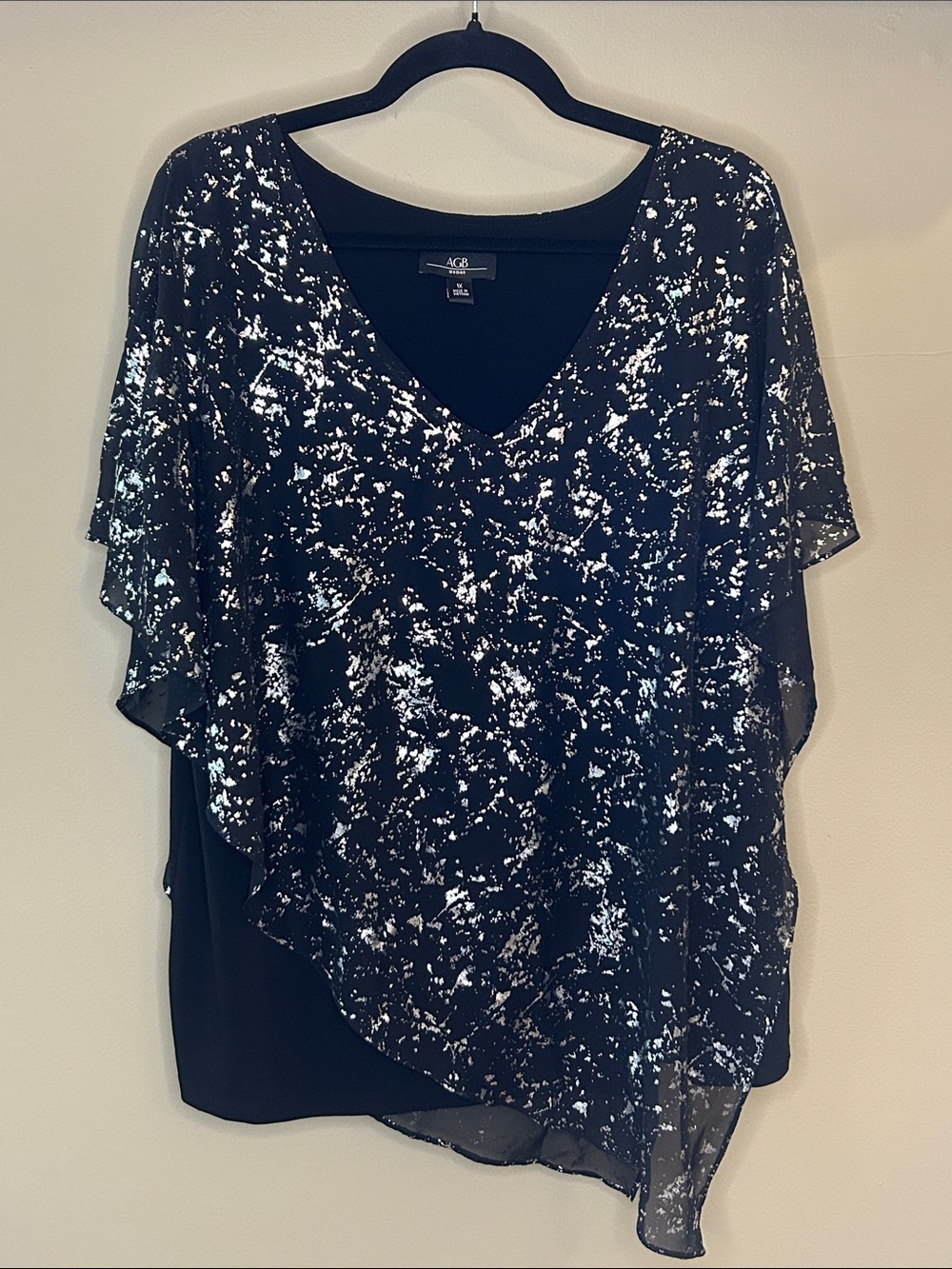 AGB Black and Metallic Silver Printed V-Neck Overlay Blouse